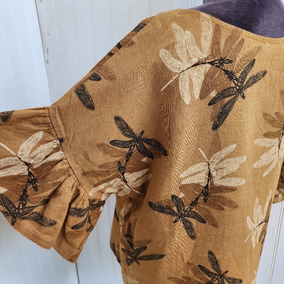 ELENA BALDI Italy Women's 100% Linen Dragonfly Ruffle Sleeve Top Brown Tan Sz S - Picture 6 of 11